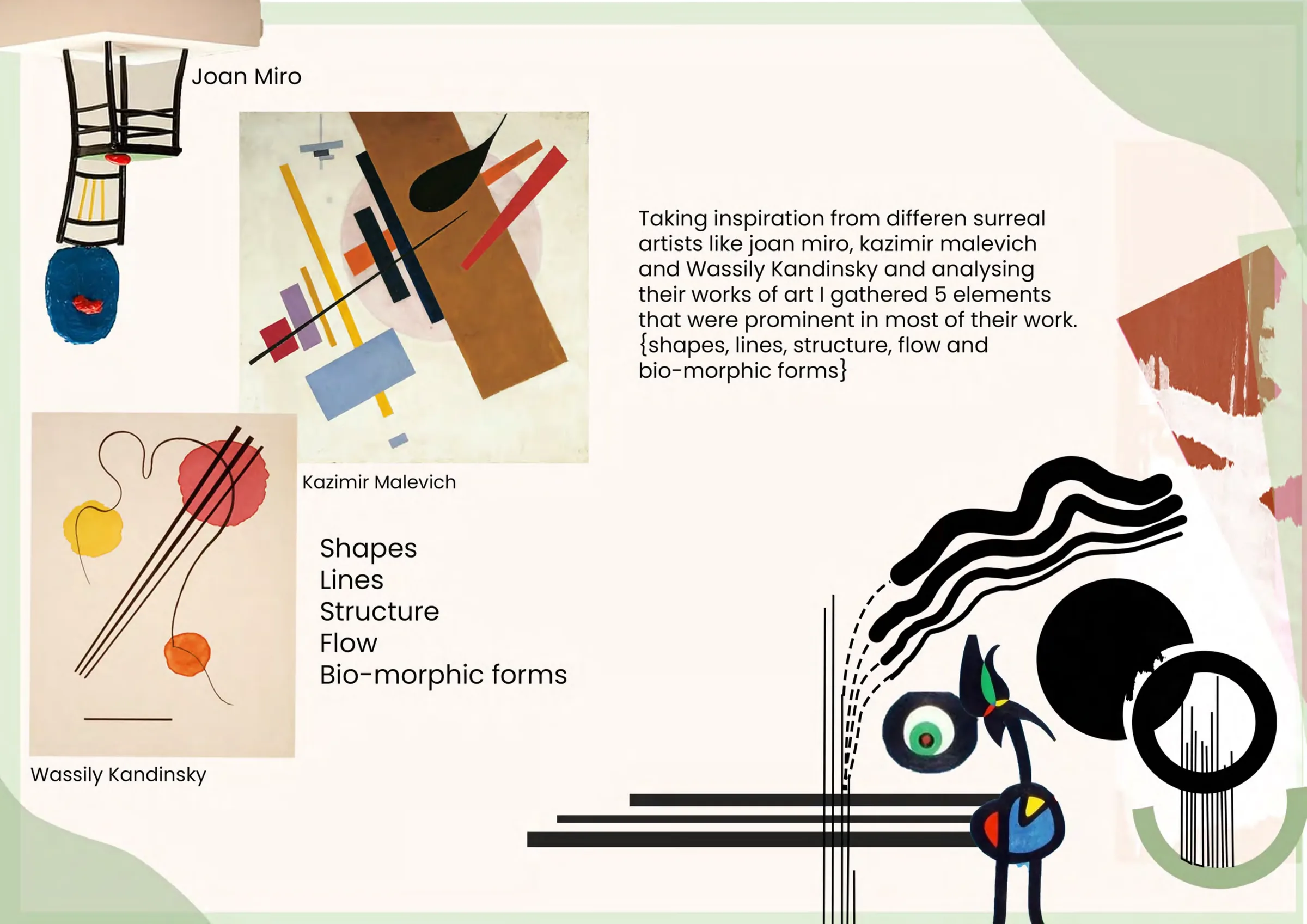 Inspiration — works by Joan Miró, Kazimir Malevich and Wassily Kandinsky, distilled into shapes, lines, structure, flow and bio-morphic forms.