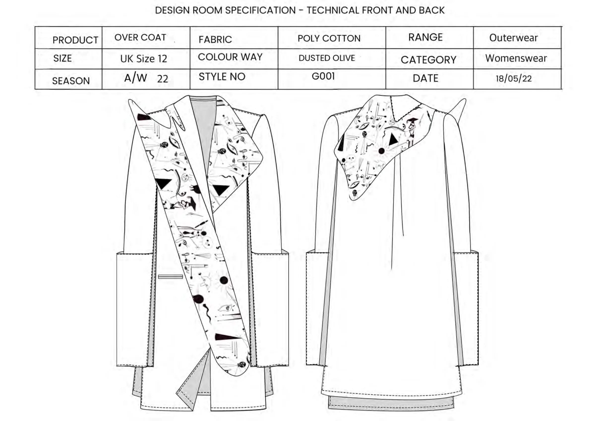 Design room specification — white technical front and back flats of the overcoat with the printed lapel panel.