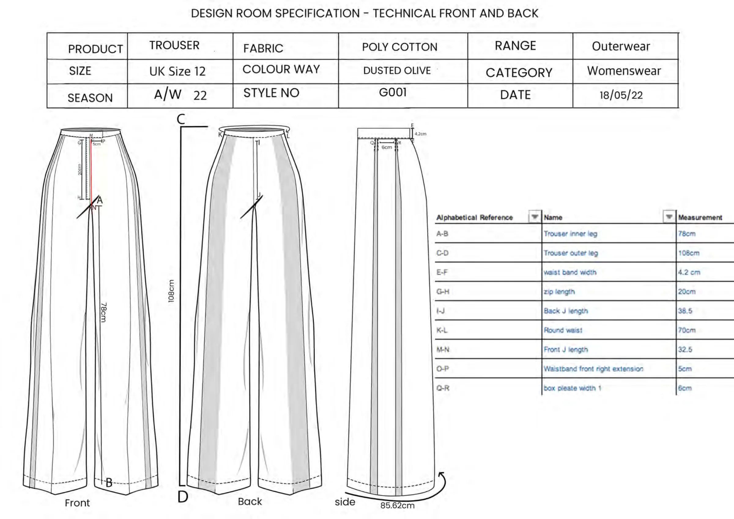 Trouser measurement chart — inner and outer leg, waist, zip and pleat measurements keyed to the flats.