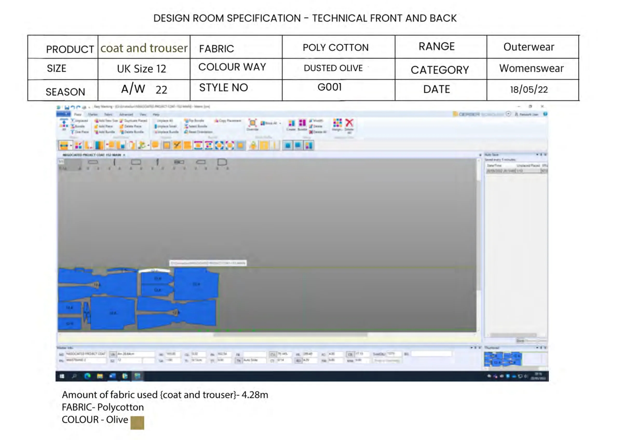 Gerber marker plan — coat and trouser pieces in the main olive poly-cotton, 4.28m of fabric.