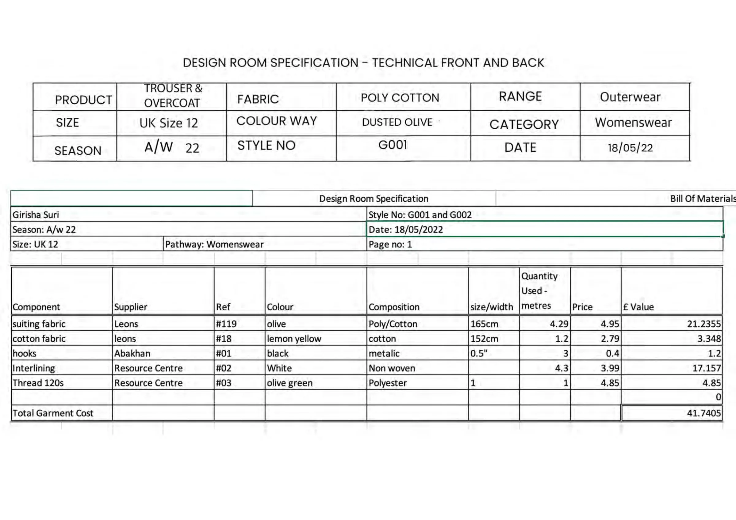 Bill of materials — suiting, cotton, interlining, hooks and thread with costing to a total garment cost.