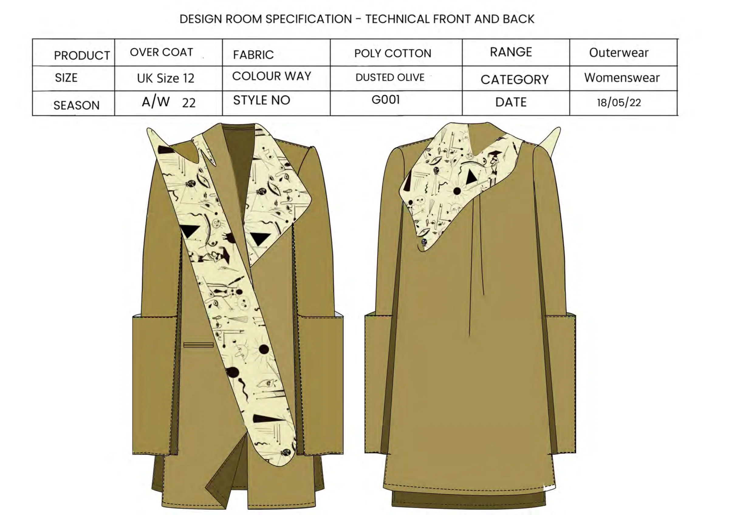 Design room specification — coloured front and back flats of the overcoat in dusted olive.
