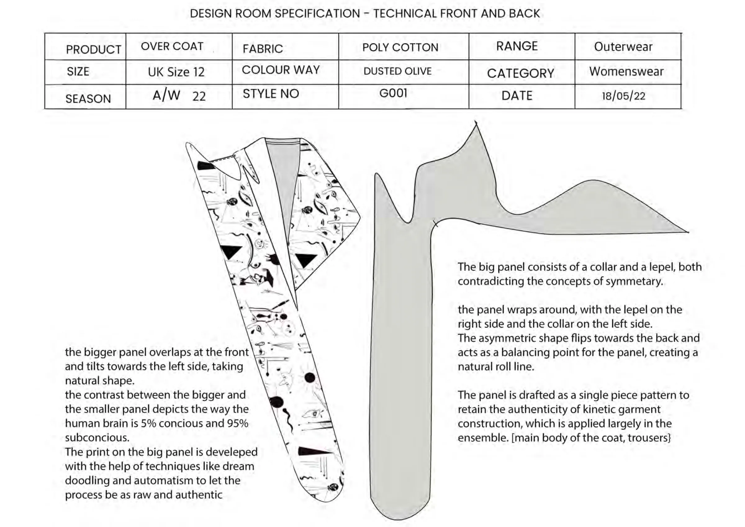 Lapel panel specification — the asymmetric collar-and-lapel piece drafted as a single-piece pattern.