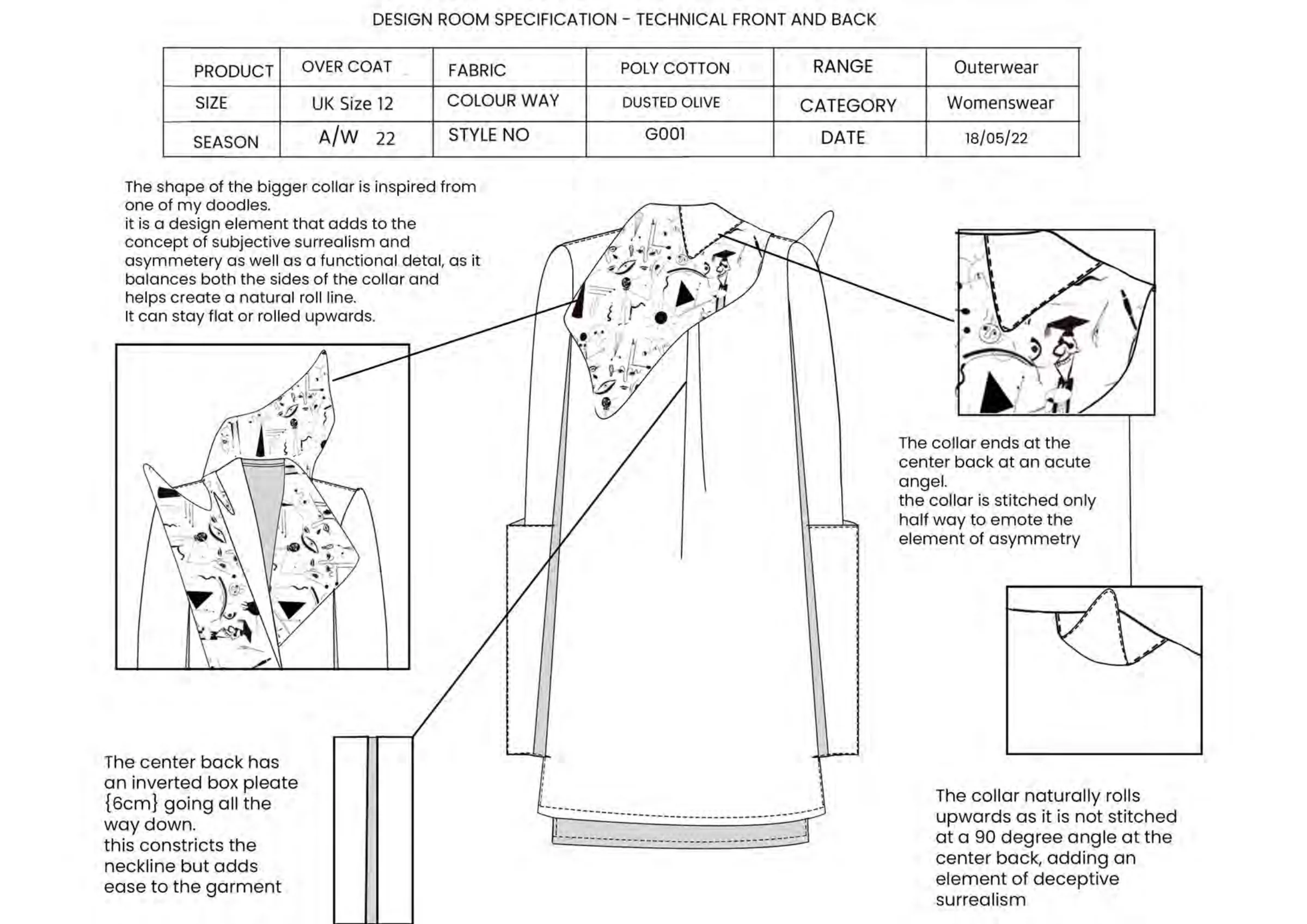 Collar construction — the doodle-inspired bigger collar, centre-back inverted box pleat and natural roll line.
