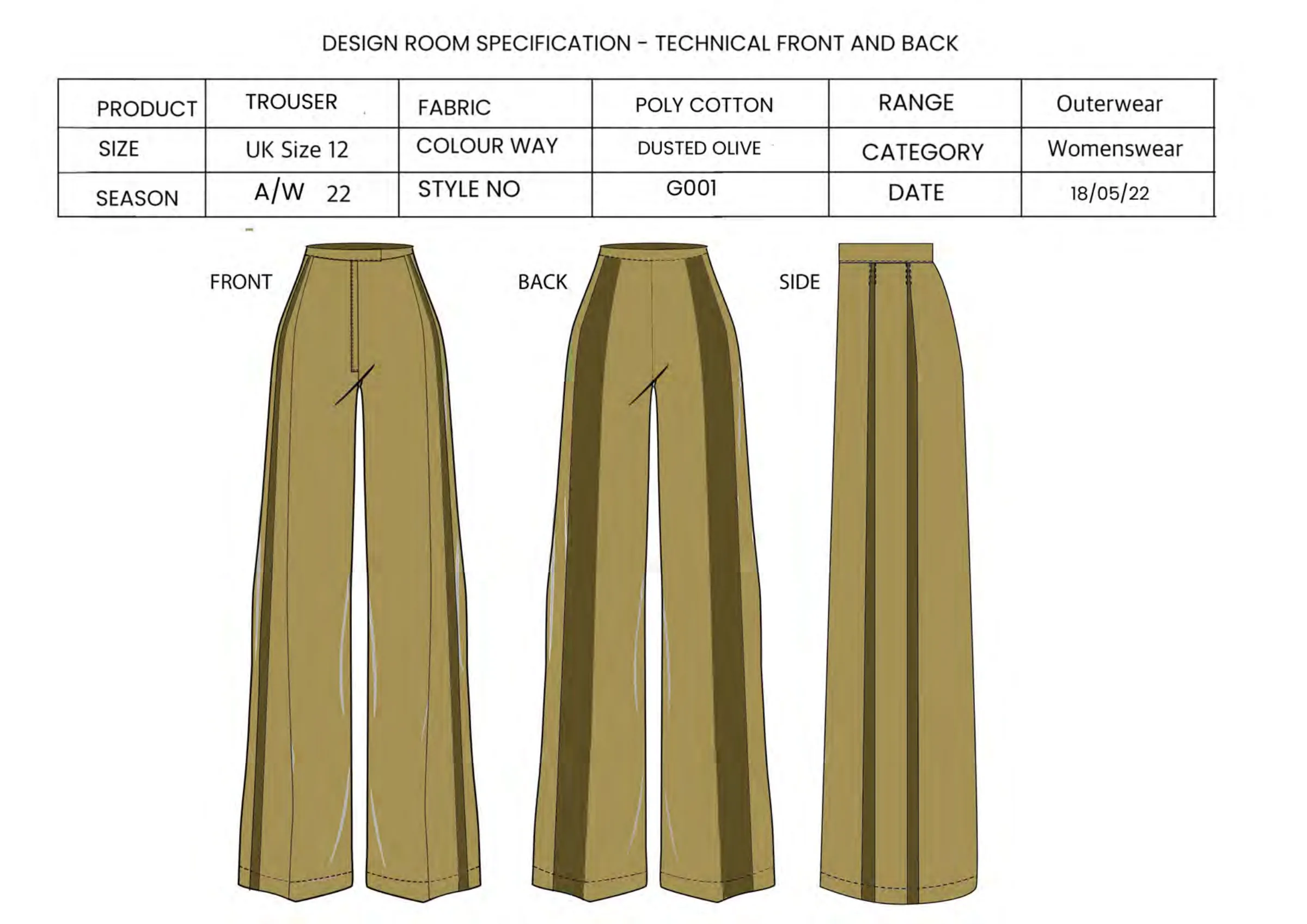Trouser specification — coloured front, back and side flats in dusted olive.