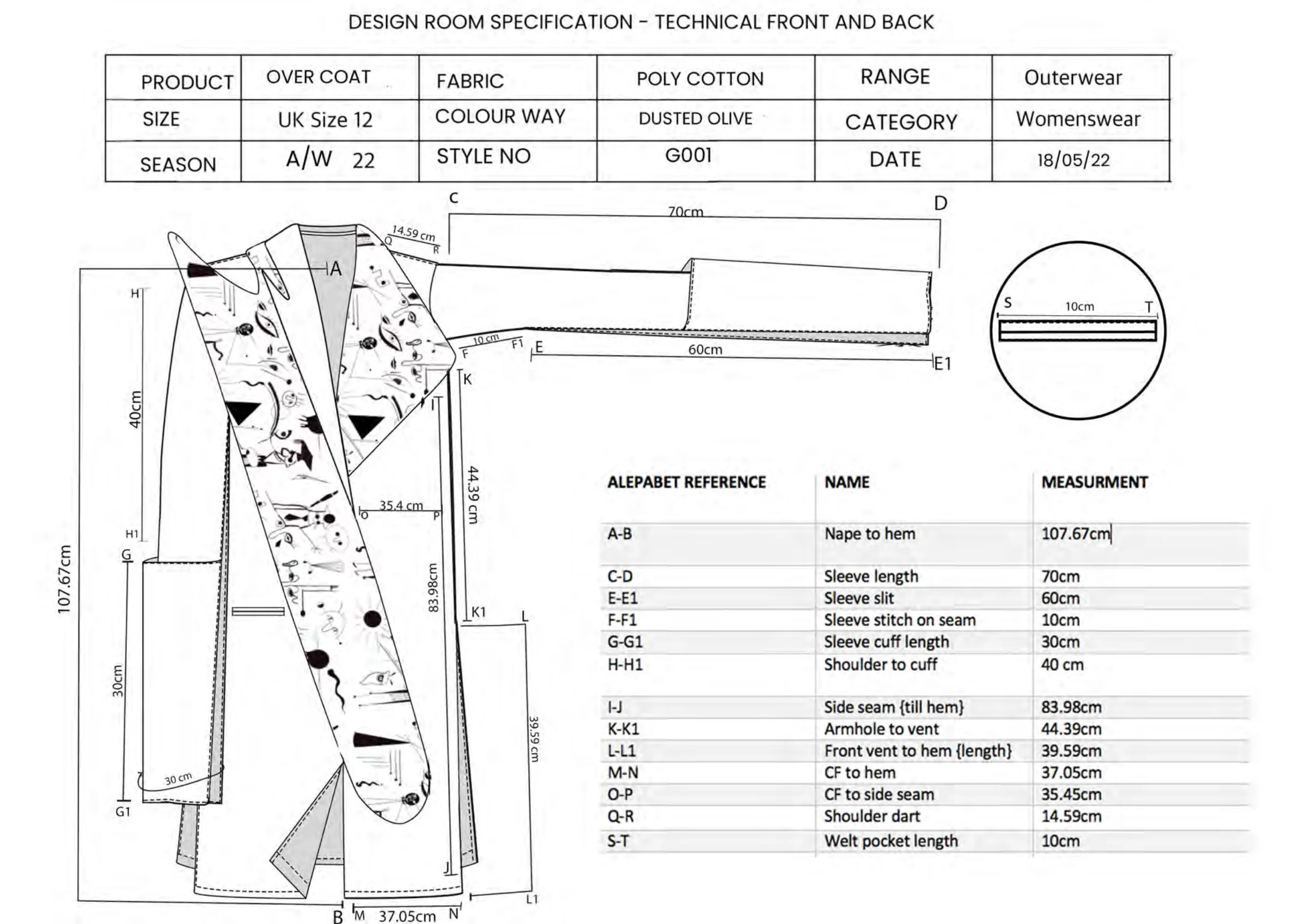 Overcoat measurement chart — nape to hem, sleeve, vent and pocket measurements keyed to the flat.