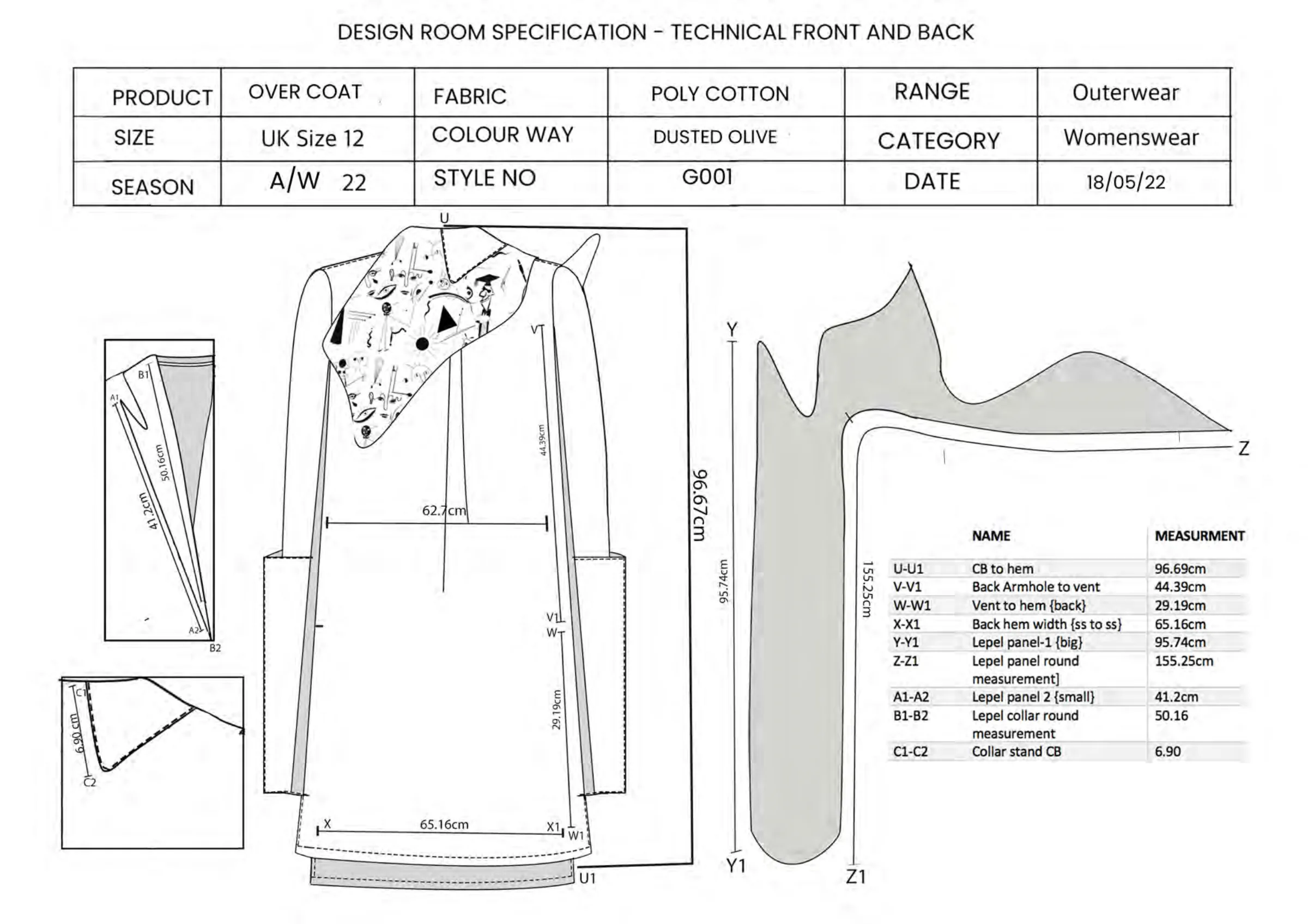 Back and lapel panel measurement chart — centre-back, armhole, hem and panel round measurements.