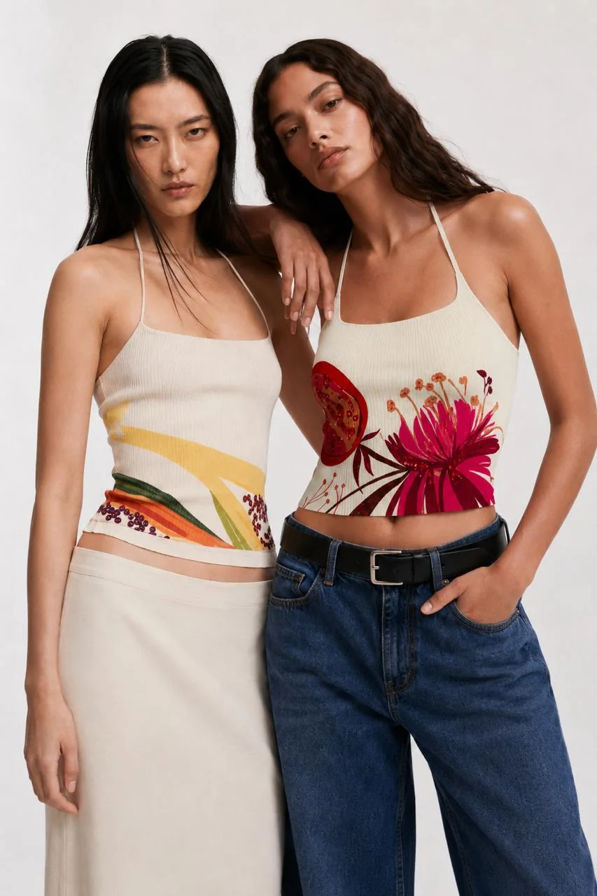Both tops together — close crop of the Malibu and Zesty halters worn side by side.