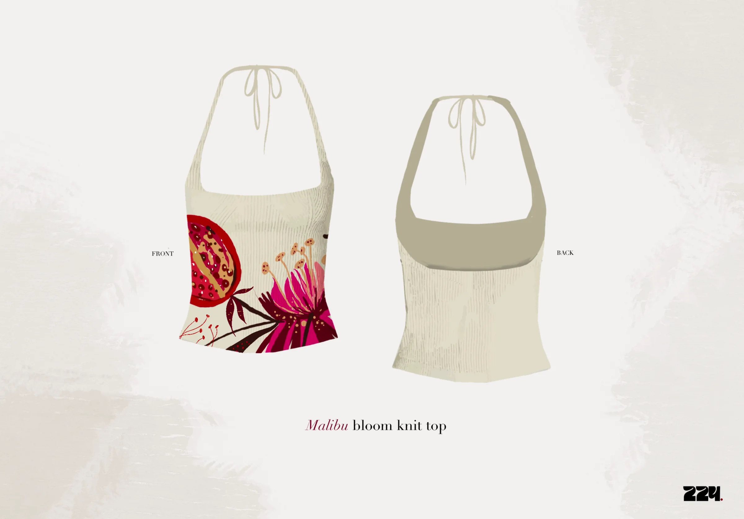 Malibu bloom knit top — front and back CAD renders of the cream rib halter carrying the pomegranate-and-bloom placement print.