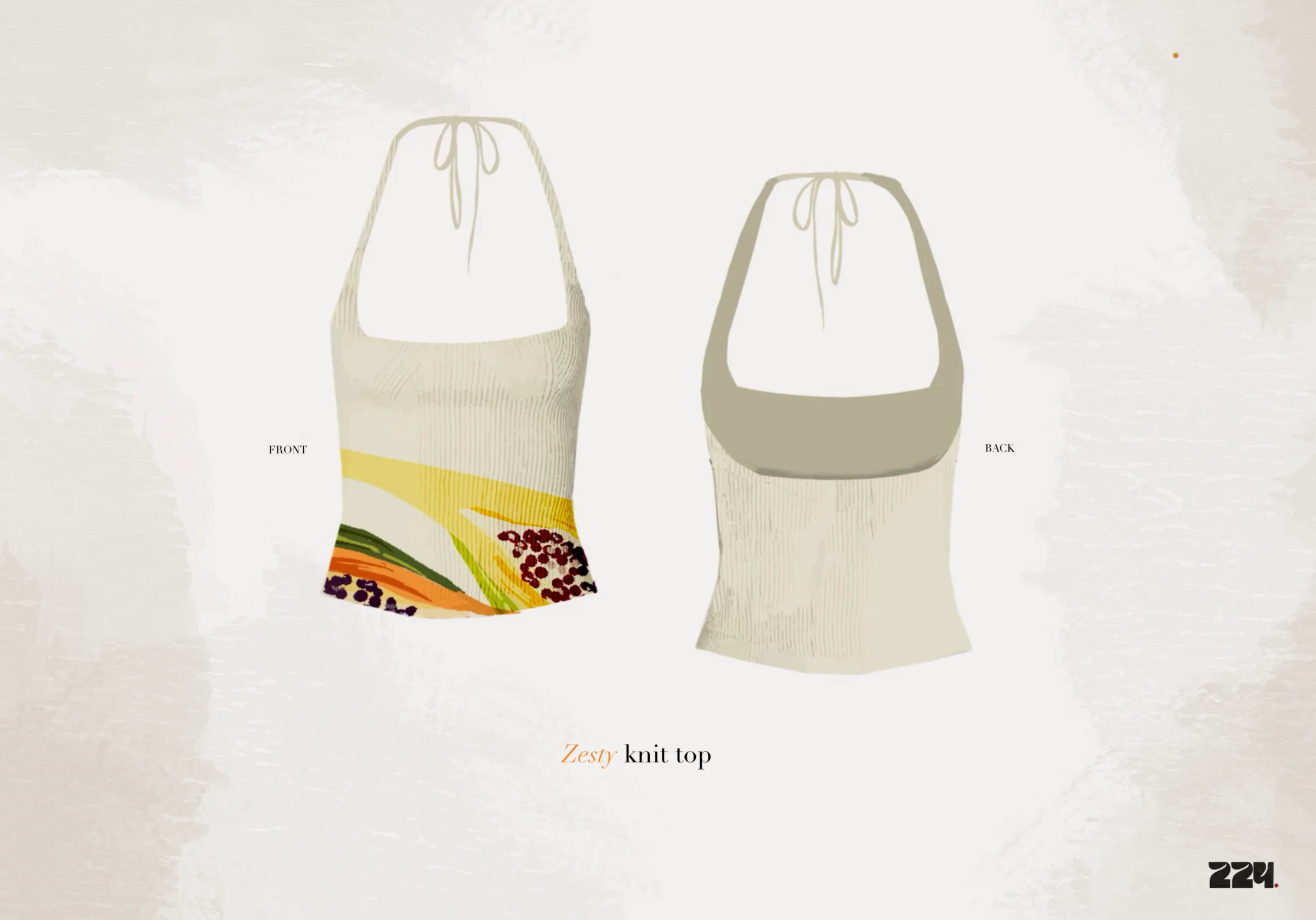Zesty knit top — front and back CAD renders of the cream rib halter carrying the abstract papaya-and-citrus placement print.