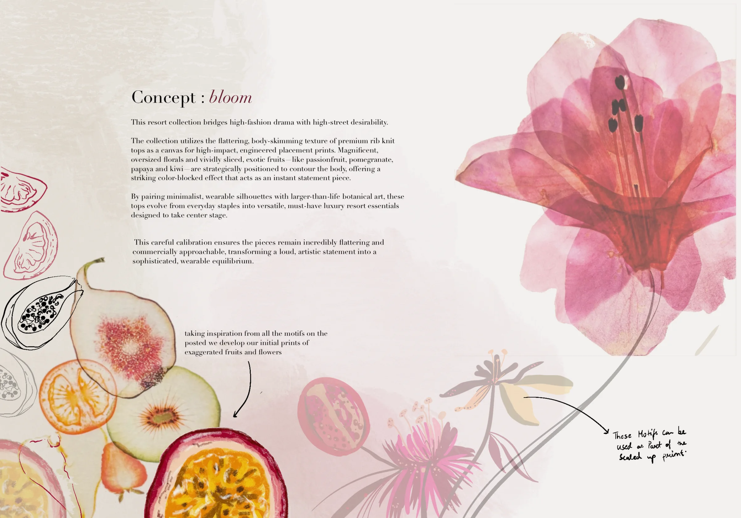 Concept: bloom — the resort collection statement pairing body-skimming rib knits with larger-than-life botanical prints, beside pressed-flower and exotic-fruit references.