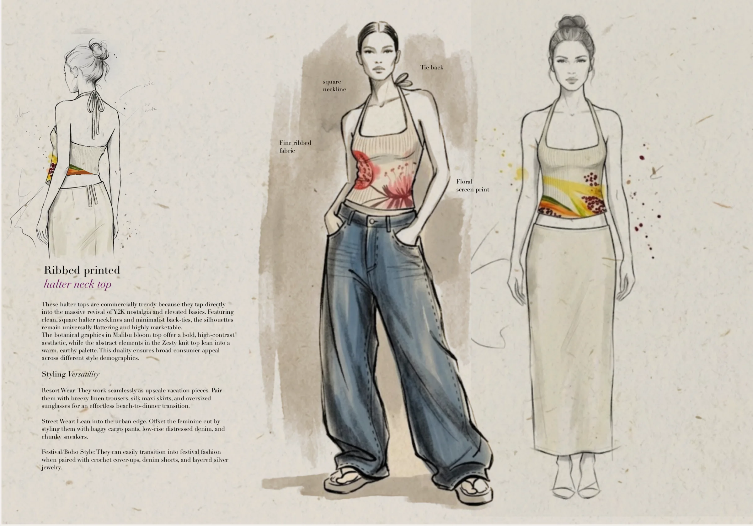 Ribbed printed halter neck top — styling illustrations with wide-leg denim and maxi skirts, annotated with the square neckline, tie back and floral screen print.
