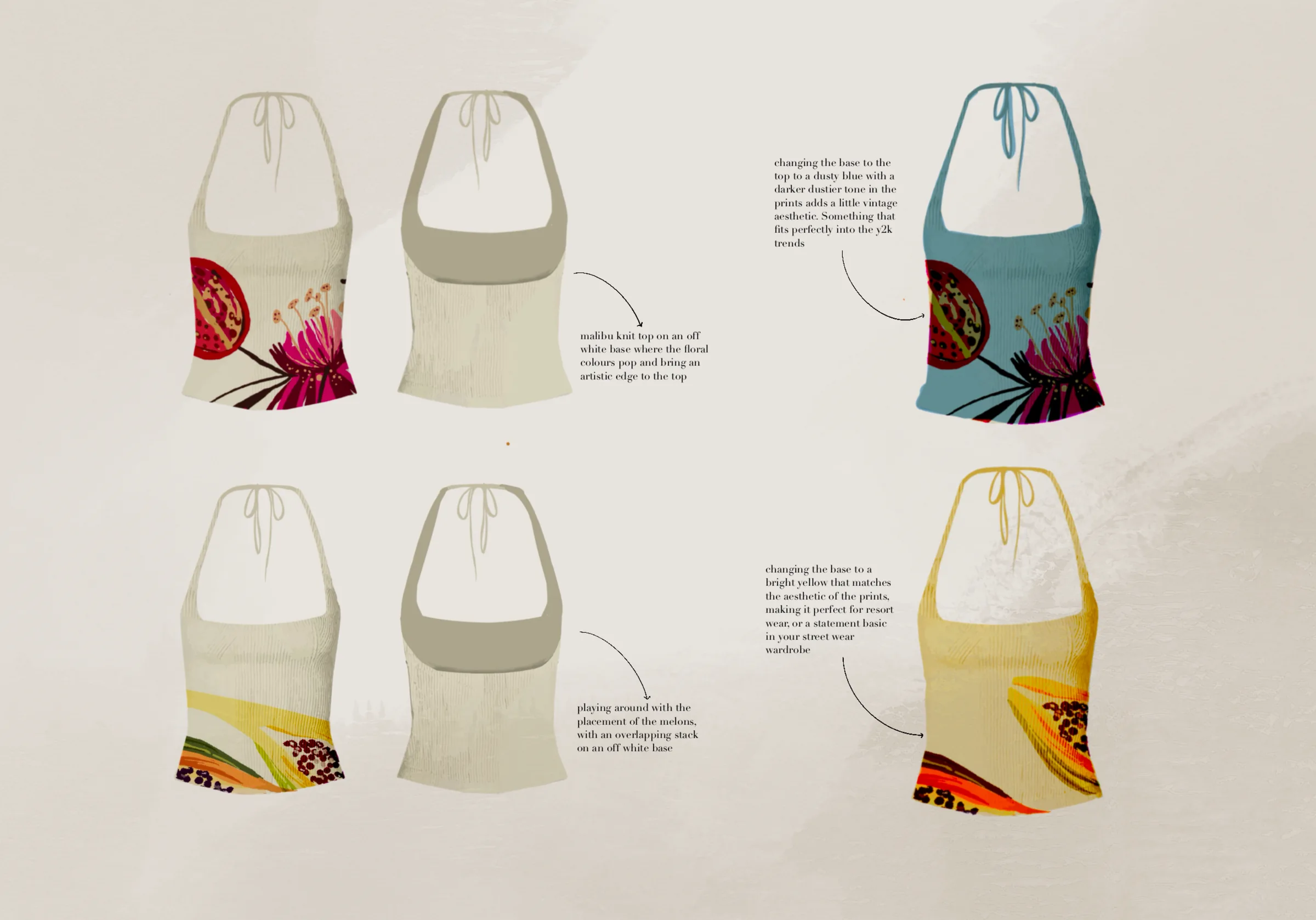 Colourway exploration — the Malibu and Zesty prints repeated on off-white, dusty-blue and bright-yellow bases.