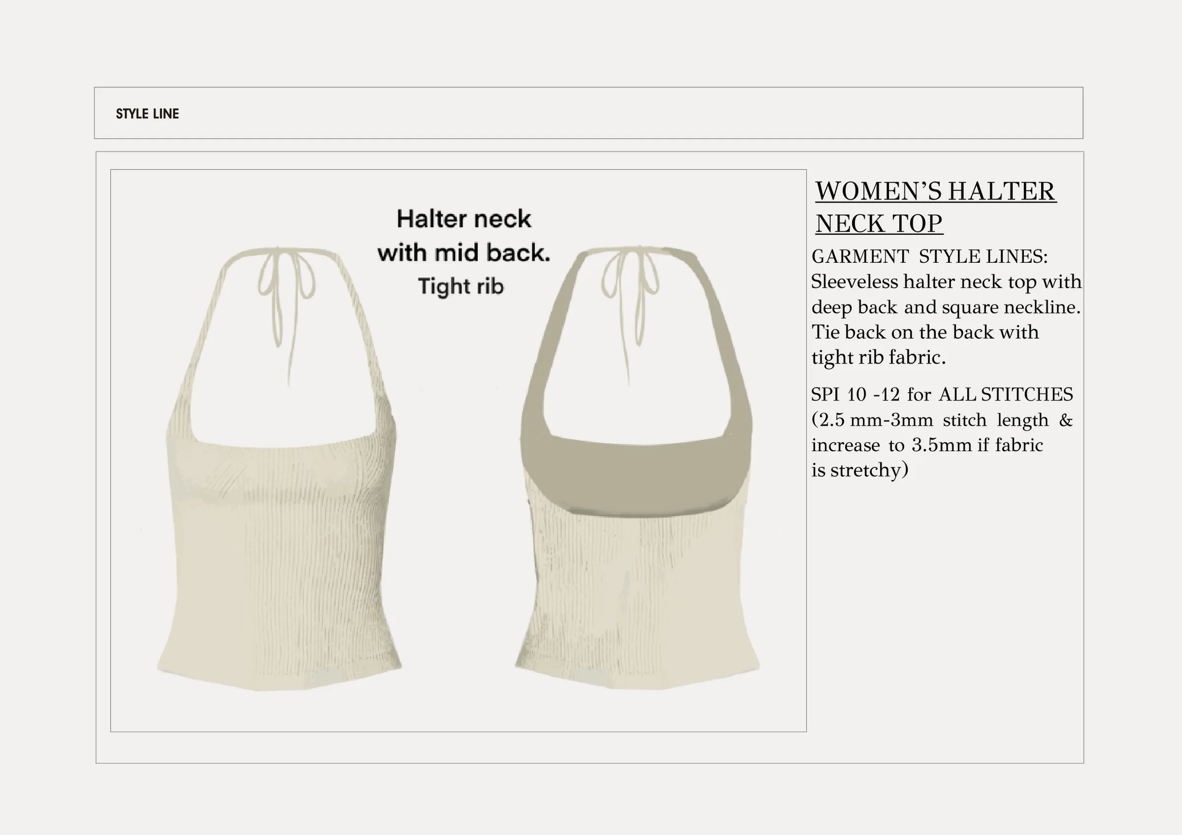 Tech pack style line — front and back flats of the halter neck top with mid back, beside the garment style lines and stitch spec.