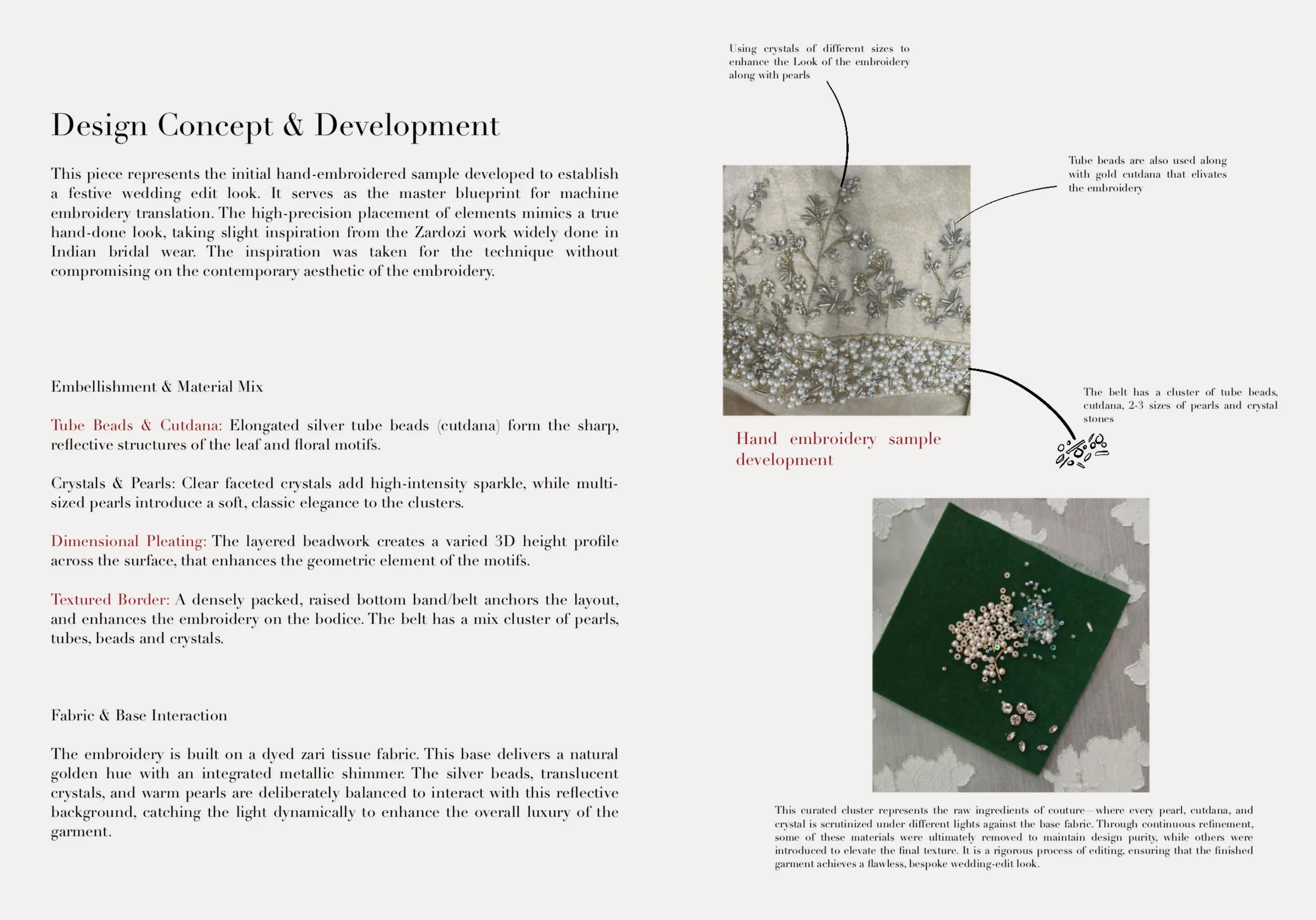Embroidery-development spread — the hand-embroidered master sample annotated with crystals, tube beads, cutdana and the clustered belt.