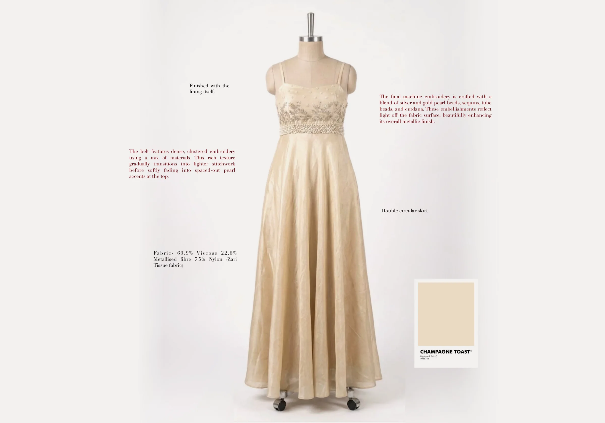 Production-sample spread — the finished gown on a form showing graduated bodice embroidery and the champagne zari-tissue skirt.
